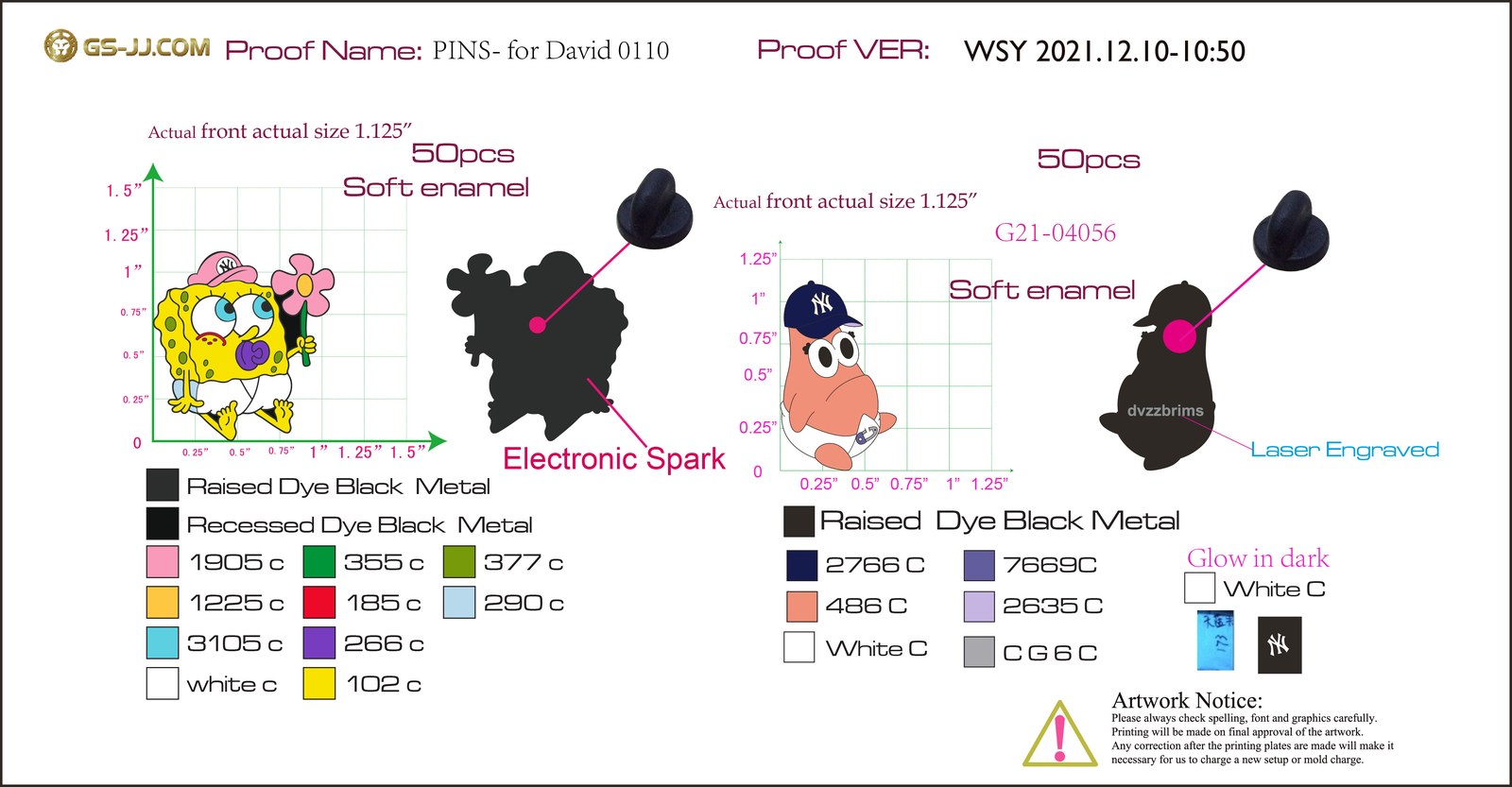 GS-JJ manufacturing proof showing pin dimensions, color codes, metal finish, and clutch placement